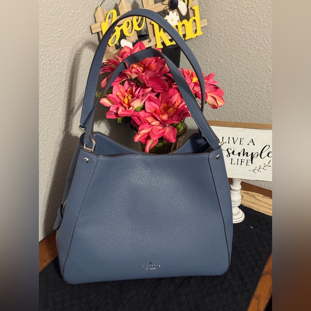 Kate Spade Leila medium triple compartment pebble leather shoulder bag bluestone